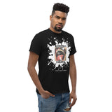 Black male model wearing Finish Here Tee by Daddy's Secret Toolbox. Black tee with original artwork. Antique drawing of mustache man with mouth wide open anticipating a facial. 