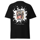 Finish Here Tee by Daddy's Secret Toolbox. Black tee with original artwork. Antique drawing of mustache man with mouth wide open anticipating a facial. 