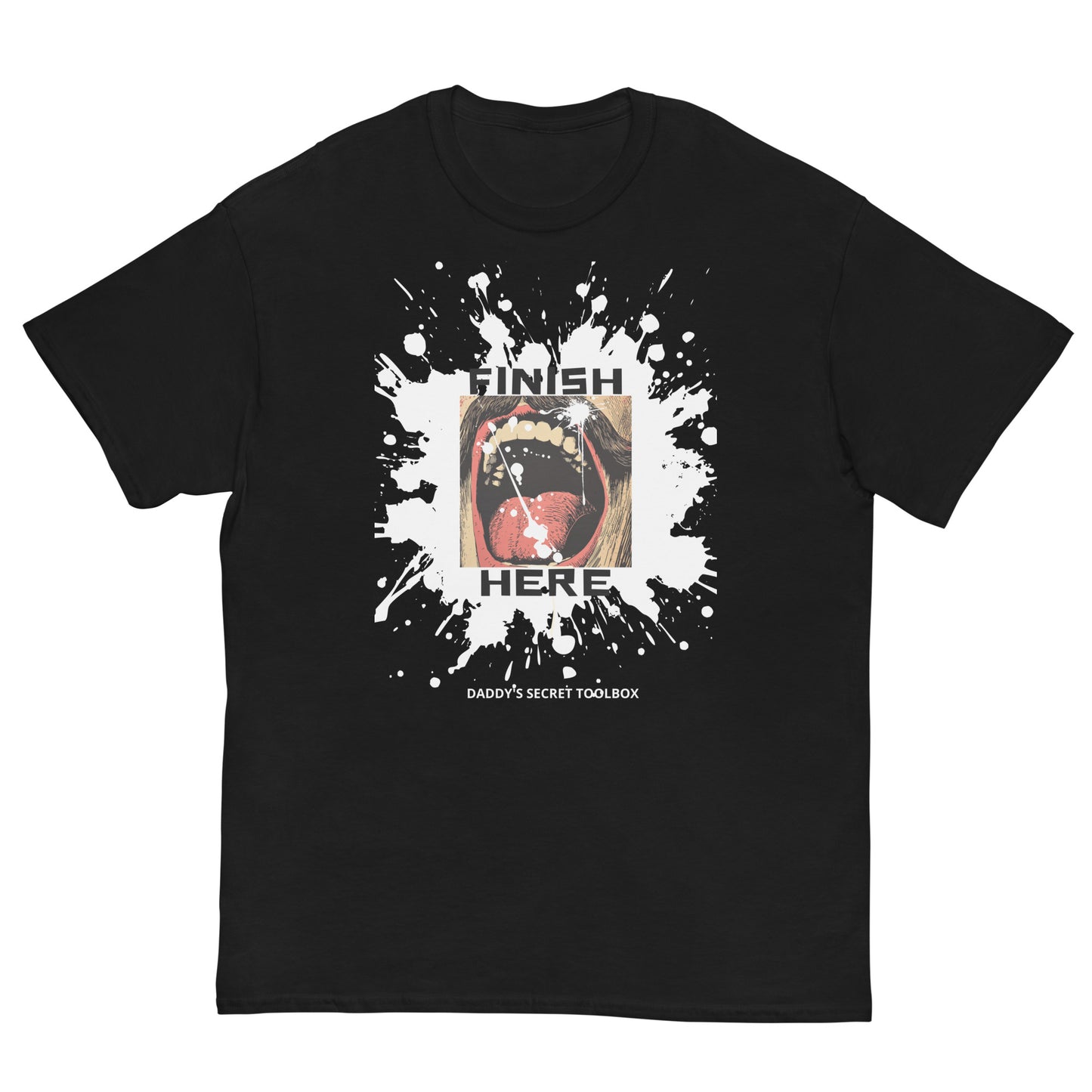 Finish Here Tee by Daddy's Secret Toolbox. Black tee with original artwork. Antique drawing of mustache man with mouth wide open anticipating a facial. 