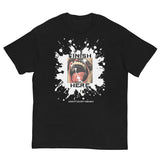 Finish Here Tee by Daddy's Secret Toolbox. Black tee with original artwork. Antique drawing of mustache man with mouth wide open anticipating a facial. 