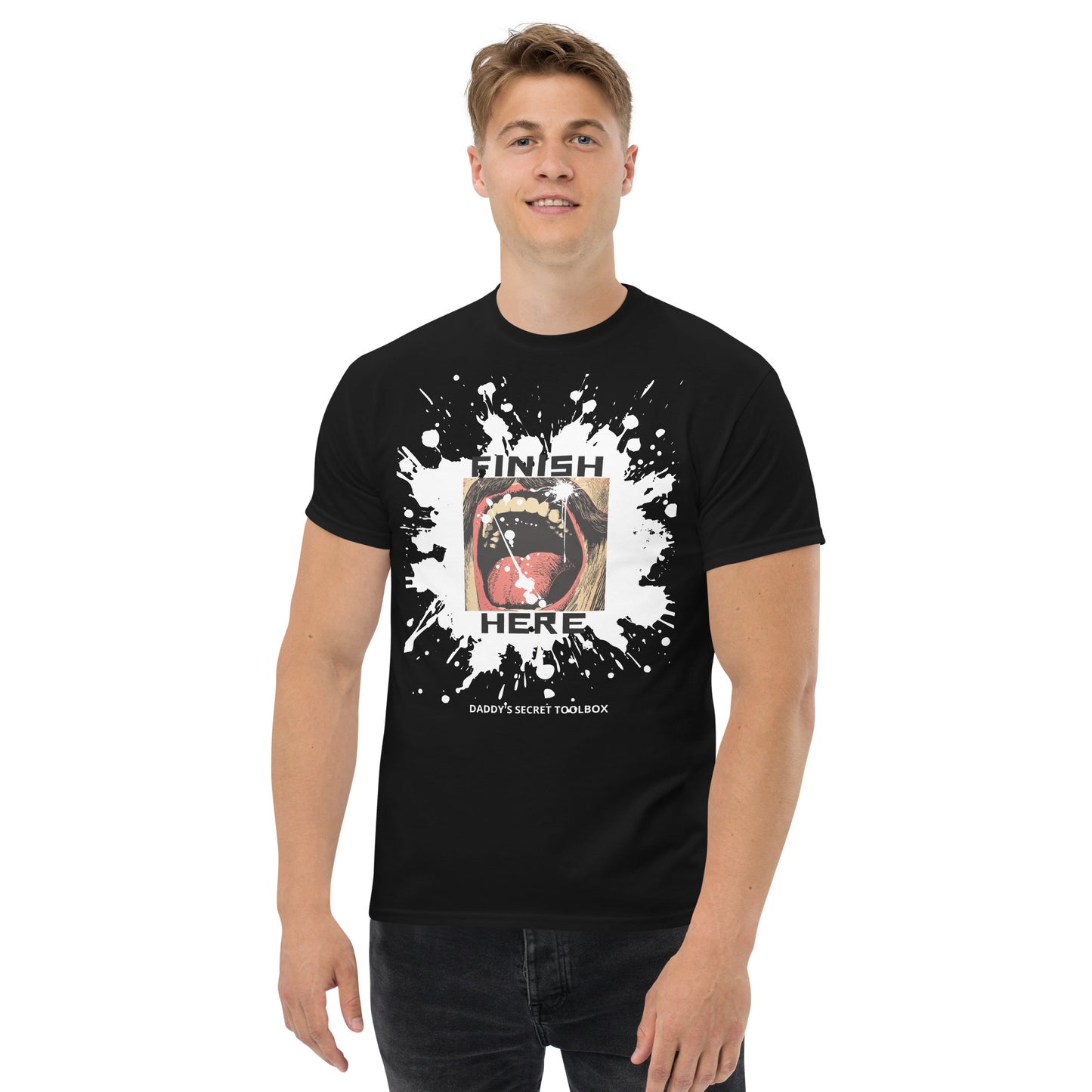 Finish Here Tee by Daddy's Secret Toolbox. Black tee with original artwork. Antique drawing of mustache man with mouth wide open anticipating a facial. 