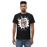 Finish Here Tee by Daddy's Secret Toolbox. Black tee with original artwork. Antique drawing of mustache man with mouth wide open anticipating a facial. 