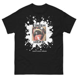 Finish Here Tee by Daddy's Secret Toolbox. Black tee with original artwork. Antique drawing of mustache man with mouth wide open anticipating a facial. 