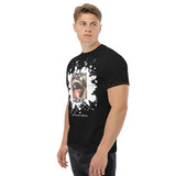 White male model wearing Finish Here Tee by Daddy's Secret Toolbox. Black tee with original artwork. Antique drawing of mustache man with mouth wide open anticipating a facial. 