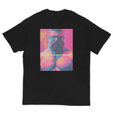 Rogue Randy Tee by Daddy's Secret Toolbox is a butch daddy with a hot pink tint with yellow and teal accents. Randy is muscular, bearded and wearing aviator sunglasses. He's Hot. 