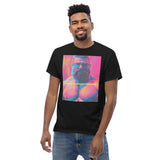 Rogue Randy Tee by Daddy's Secret Toolbox is a butch daddy with a hot pink tint with yellow and teal accents. Randy is muscular, bearded and wearing aviator sunglasses. He's Hot. 