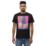 Rogue Randy Tee by Daddy's Secret Toolbox is a butch daddy with a hot pink tint with yellow and teal accents. Randy is muscular, bearded and wearing aviator sunglasses. He's Hot. 
