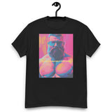 Rogue Randy Tee by Daddy's Secret Toolbox is a butch daddy with a hot pink tint with yellow and teal accents. Randy is muscular, bearded and wearing aviator sunglasses. He's Hot. 