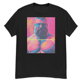 Rogue Randy Tee by Daddy's Secret Toolbox is a butch daddy with a hot pink tint with yellow and teal accents. Randy is muscular, bearded and wearing aviator sunglasses. He's Hot. 