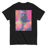 Rogue Randy Tee by Daddy's Secret Toolbox is a butch daddy with a hot pink tint with yellow and teal accents. Randy is muscular, bearded and wearing aviator sunglasses. He's Hot. 