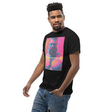Rogue Randy Tee by Daddy's Secret Toolbox is a butch daddy with a hot pink tint with yellow and teal accents. Randy is muscular, bearded and wearing aviator sunglasses. He's Hot. 