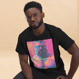 Rogue Randy Tee by Daddy's Secret Toolbox is a butch daddy with a hot pink tint with yellow and teal accents. Randy is muscular, bearded and wearing aviator sunglasses. He's Hot. 
