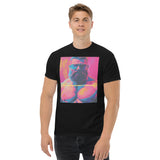 Rogue Randy Tee by Daddy's Secret Toolbox is a butch daddy with a hot pink tint with yellow and teal accents. Randy is muscular, bearded and wearing aviator sunglasses. He's Hot. 