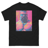 Rogue Randy Tee by Daddy's Secret Toolbox is a butch daddy with a hot pink tint with yellow and teal accents. Randy is muscular, bearded and wearing aviator sunglasses. He's Hot. 