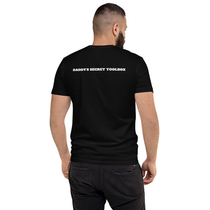 Black t-shirt worn by a gay man, emblazoned with the empowering mantra 'We No Longer Go For Looks' in bold white letters