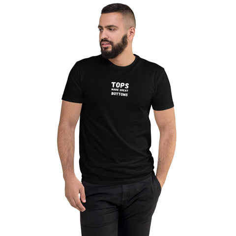 Black t-shirt with the cheeky statement 'Tops make great bottoms' in bold white letters, designed for gay men