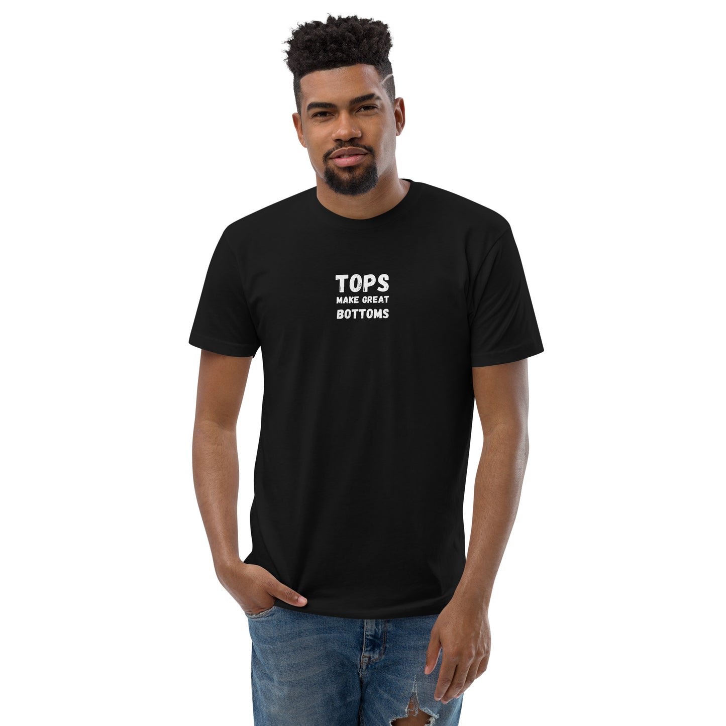 Black t-shirt with the cheeky statement 'Tops make great bottoms' in bold white letters