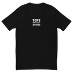 Black t-shirt with the cheeky statement 'Tops make great bottoms' in bold white letters