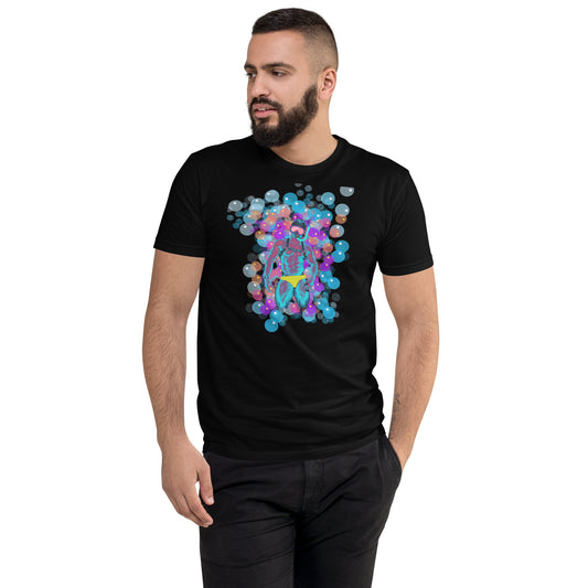 Black t-shirt showcasing a vibrant illustration of a confident man in a stylish bathing suit and goggles, playfully surrounded by bubbles of various sizes, celebrating gay pride