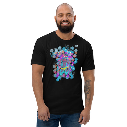Black t-shirt showcasing a vibrant, colorful graphic of a man in a bathing suit and goggles, playfully surrounded by bubbles of various sizes, designed for gay men
