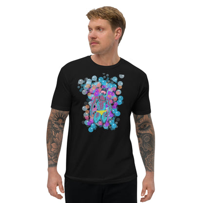 Black t-shirt showcasing a vibrant, colorful graphic of a man in a bathing suit and goggles, playfully surrounded by bubbles of various sizes, designed for gay men