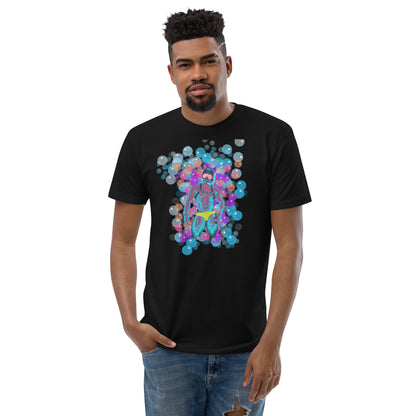 Black t-shirt showcasing a vibrant, colorful graphic of a man in a bathing suit and goggles, playfully surrounded by bubbles of various sizes, designed for gay men