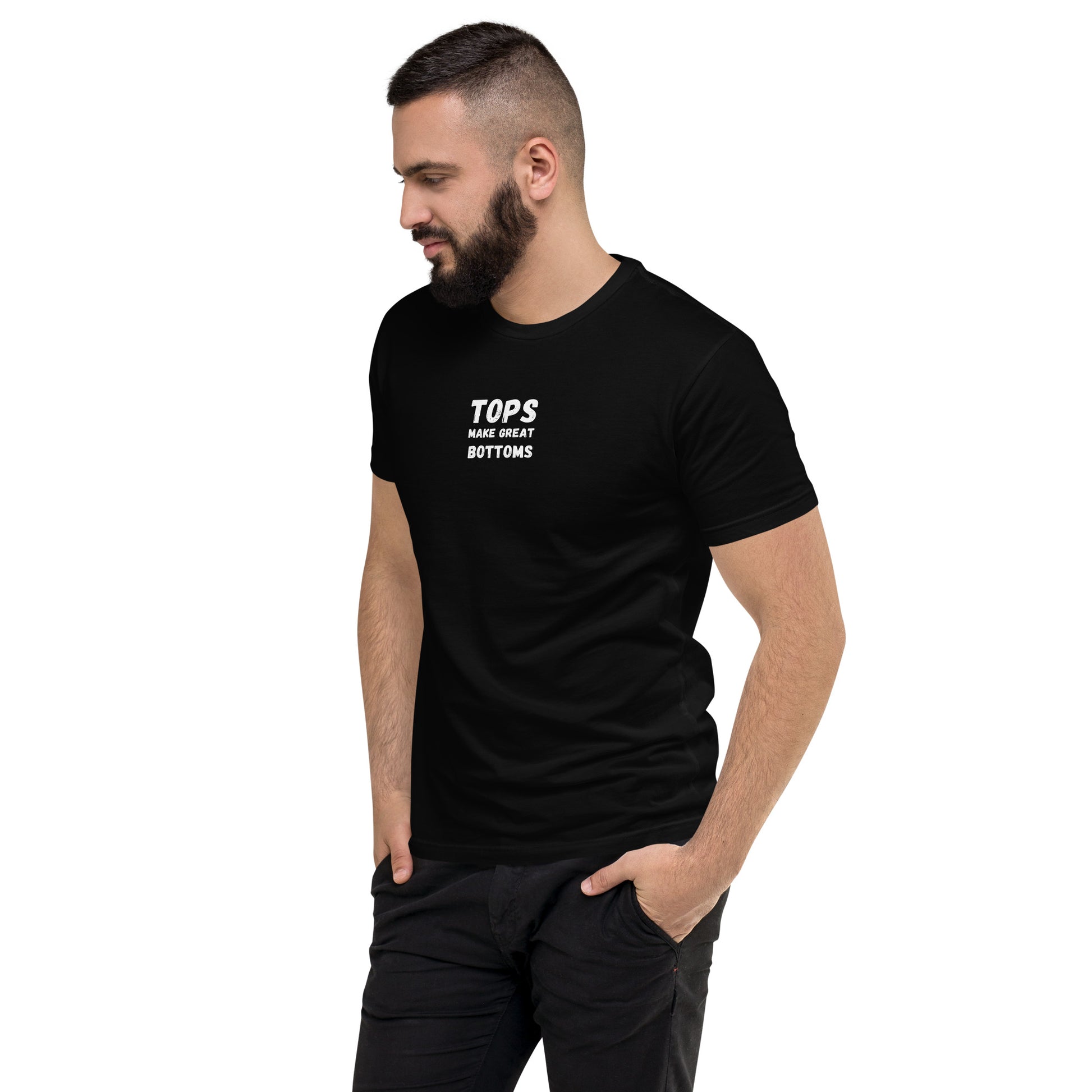 Black t-shirt with the cheeky statement 'Tops make great bottoms' in bold white letters