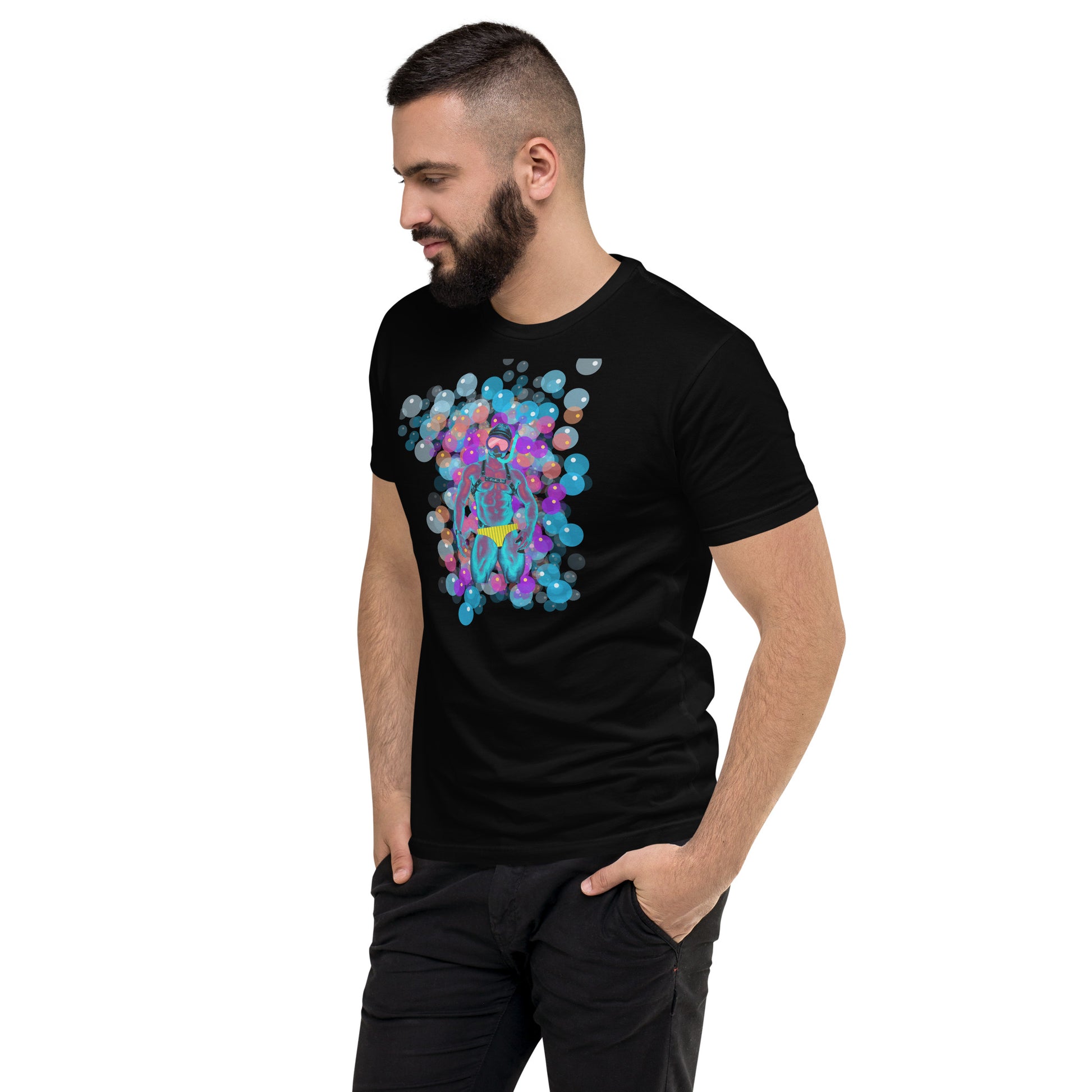 Black t-shirt showcasing a vibrant, colorful graphic of a man in a bathing suit and goggles, playfully surrounded by bubbles of various sizes, designed for gay men
