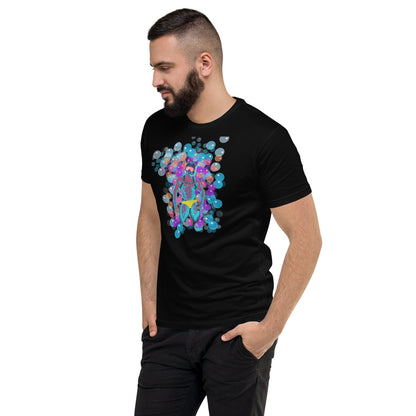 Black t-shirt showcasing a vibrant, colorful graphic of a man in a bathing suit and goggles, playfully surrounded by bubbles of various sizes, designed for gay men