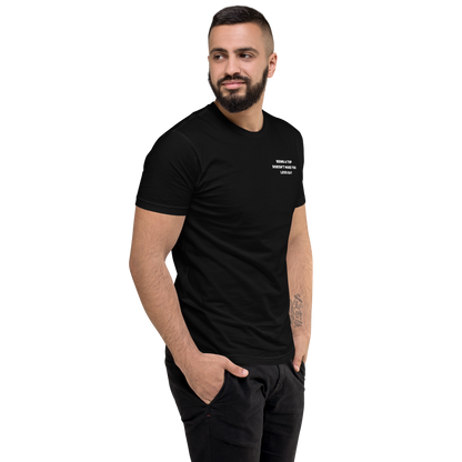 Black t-shirt, emblazoned with the assertive statement 'Just because you top doesn't make you less gay' in bold white letters