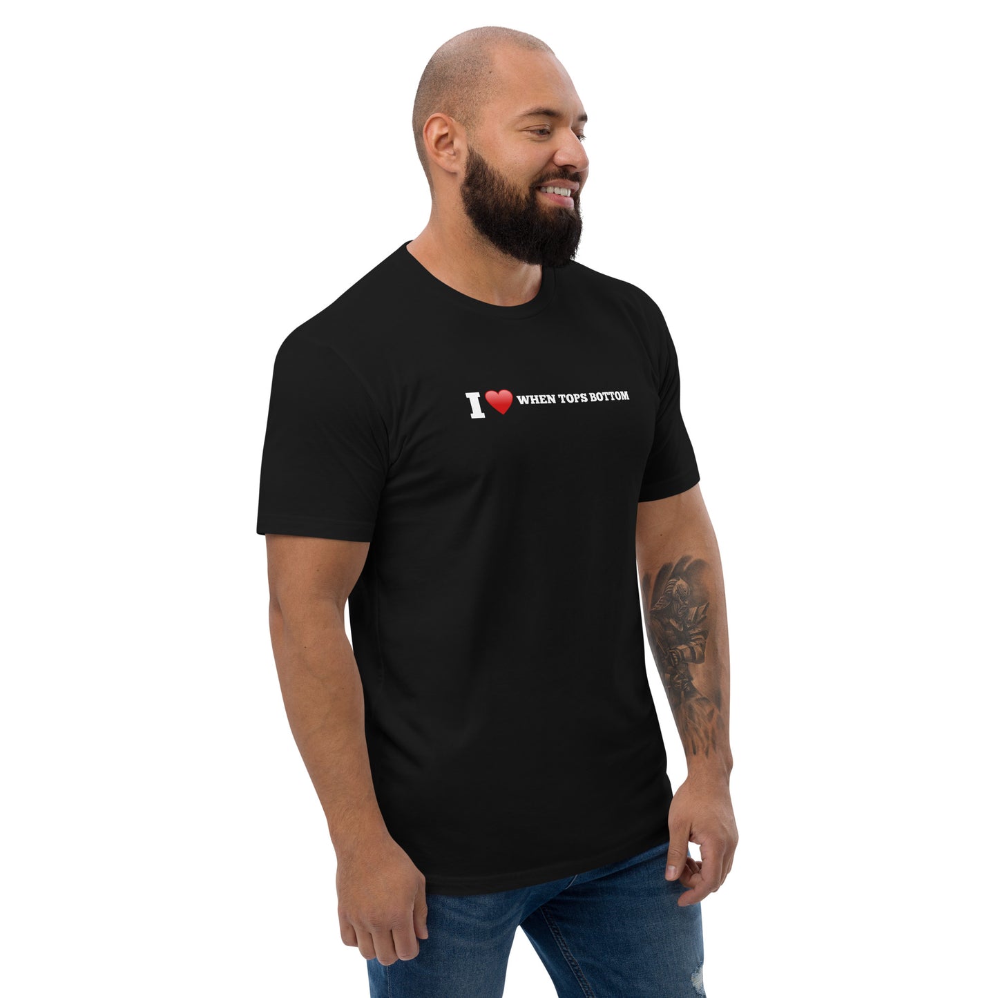 Black t-shirt, featuring the playful phrase 'I love when tops bottom' in bold white letters with a red heart to symbolize the word love