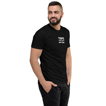 Black t-shirt with the cheeky statement 'Tops make great bottoms' in bold white letters