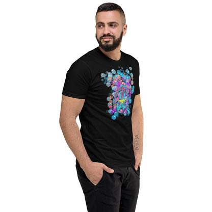 Black t-shirt showcasing a vibrant, colorful graphic of a man in a bathing suit and goggles, playfully surrounded by bubbles of various sizes, designed for gay men