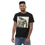 Watercolor camouflage. Gay muscular man with. beard rippling bulging muscles. T-shirt in a watercolor design great for dates the gym club wear going out. Super sexy fit.  Front with details of product quality. Premium quality. Bestseller. Gift. Model 5