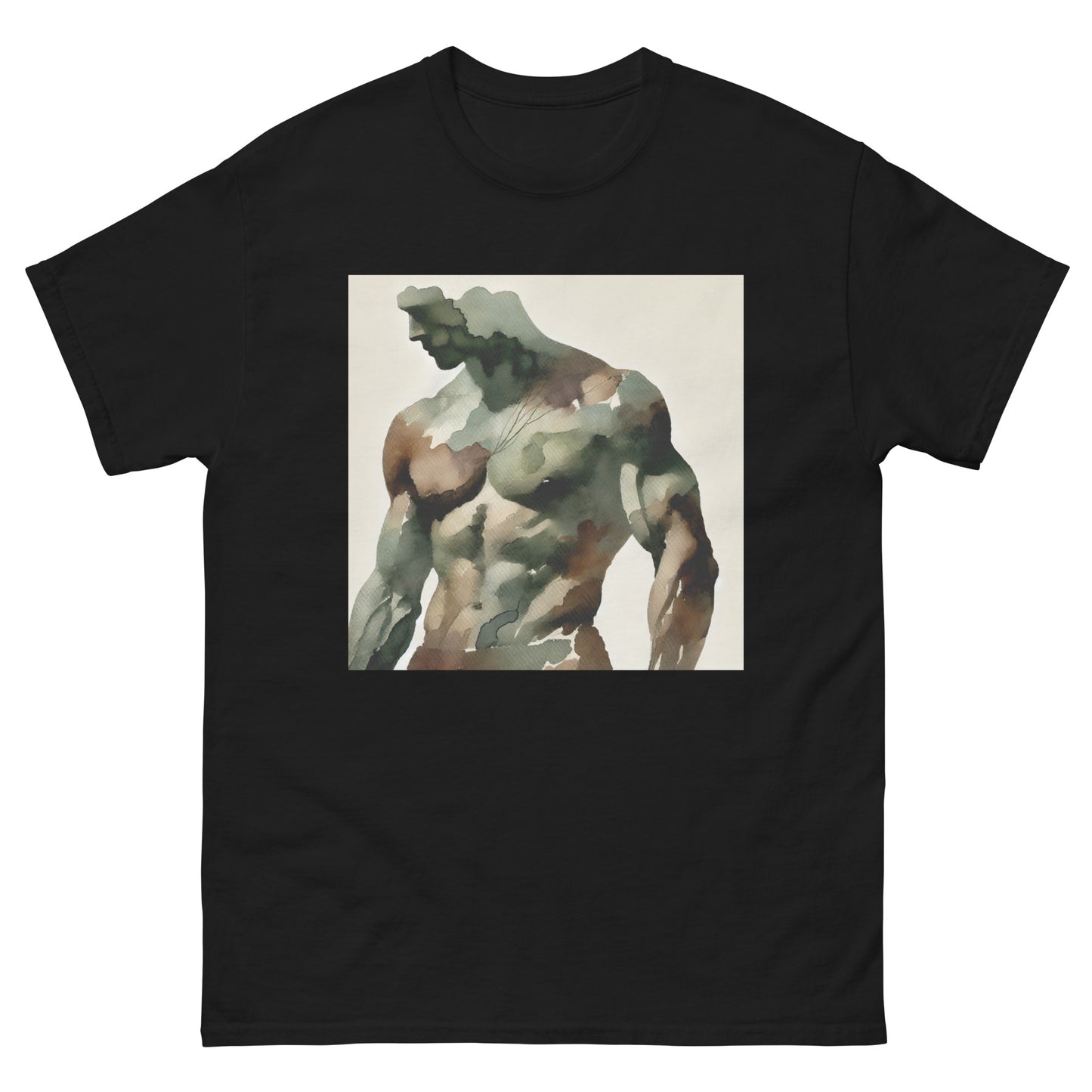 Watercolor camouflage. Gay muscular man with. beard rippling bulging muscles. T-shirt in a watercolor design great for dates the gym club wear going out. Super sexy fit.  Front with details of product quality. Premium quality. Bestseller. Gift. 