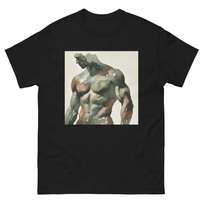 Watercolor camouflage. Gay muscular man with. beard rippling bulging muscles. T-shirt in a watercolor design great for dates the gym club wear going out. Super sexy fit.  Front with details of product quality. Premium quality. Bestseller. Gift. 