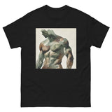 Watercolor camouflage. Gay muscular man with. beard rippling bulging muscles. T-shirt in a watercolor design great for dates the gym club wear going out. Super sexy fit.  Front with details of product quality. Premium quality. Bestseller. Gift. 