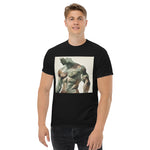 Watercolor camouflage. Gay muscular man with. beard rippling bulging muscles. T-shirt in a watercolor design great for dates the gym club wear going out. Super sexy fit.  Front with details of product quality. Premium quality. Bestseller. Gift. Model 4