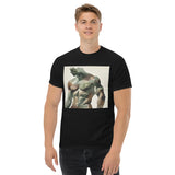 Watercolor camouflage. Gay muscular man with. beard rippling bulging muscles. T-shirt in a watercolor design great for dates the gym club wear going out. Super sexy fit.  Front with details of product quality. Premium quality. Bestseller. Gift. Model 4