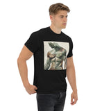 Watercolor camouflage. Gay muscular man with. beard rippling bulging muscles. T-shirt in a watercolor design great for dates the gym club wear going out. Super sexy fit.  Front with details of product quality. Premium quality. Bestseller. Gift. Model 1