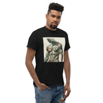 Watercolor camouflage. Gay muscular man with. beard rippling bulging muscles. T-shirt in a watercolor design great for dates the gym club wear going out. Super sexy fit.  Front with details of product quality. Premium quality. Bestseller. Gift. Model 2