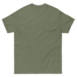 Watercolor camouflage. Gay muscular man with. beard rippling bulging muscles. T-shirt in a watercolor design great for dates the gym club wear going out. Super sexy fit. Army green t-shirt.  Front with details of product quality. Premium quality. Bestseller. Gift. Back