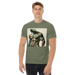 Watercolor camouflage. Gay muscular man with. beard rippling bulging muscles. T-shirt in a watercolor design great for dates the gym club wear going out. Super sexy fit. Army green t-shirt.  Front with details of product quality. Premium quality. Bestseller. Gift. Model 3