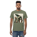 Watercolor camouflage. Gay muscular man with. beard rippling bulging muscles. T-shirt in a watercolor design great for dates the gym club wear going out. Super sexy fit. Army green t-shirt.  Front with details of product quality. Premium quality. Bestseller. Gift. Model 4