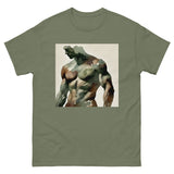 Watercolor camouflage. Gay muscular man with. beard rippling bulging muscles. T-shirt in a watercolor design great for dates the gym club wear going out. Super sexy fit. Army green t-shirt.  Front with details of product quality. Premium quality. Bestseller. Gift. 