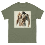 Porn legend and God Al Parker inspired watercolor graphic of the big dick hairy sex god who loved big juicy dicks and cocks. Sexy t-shirt perfect for the gym or a night out. Super chill and comfortable. Makes a great gift. Holiday. Gym wear. Club wear. Sex gear. Sexy. Muted tan graphic. Army green t-shirt.  Premium cotton.