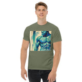 Gay muscular man with. beard rippling bulging muscles. T-shirt in a watercolor design great for dates the gym club wear going out. Super sexy fit. Army green model