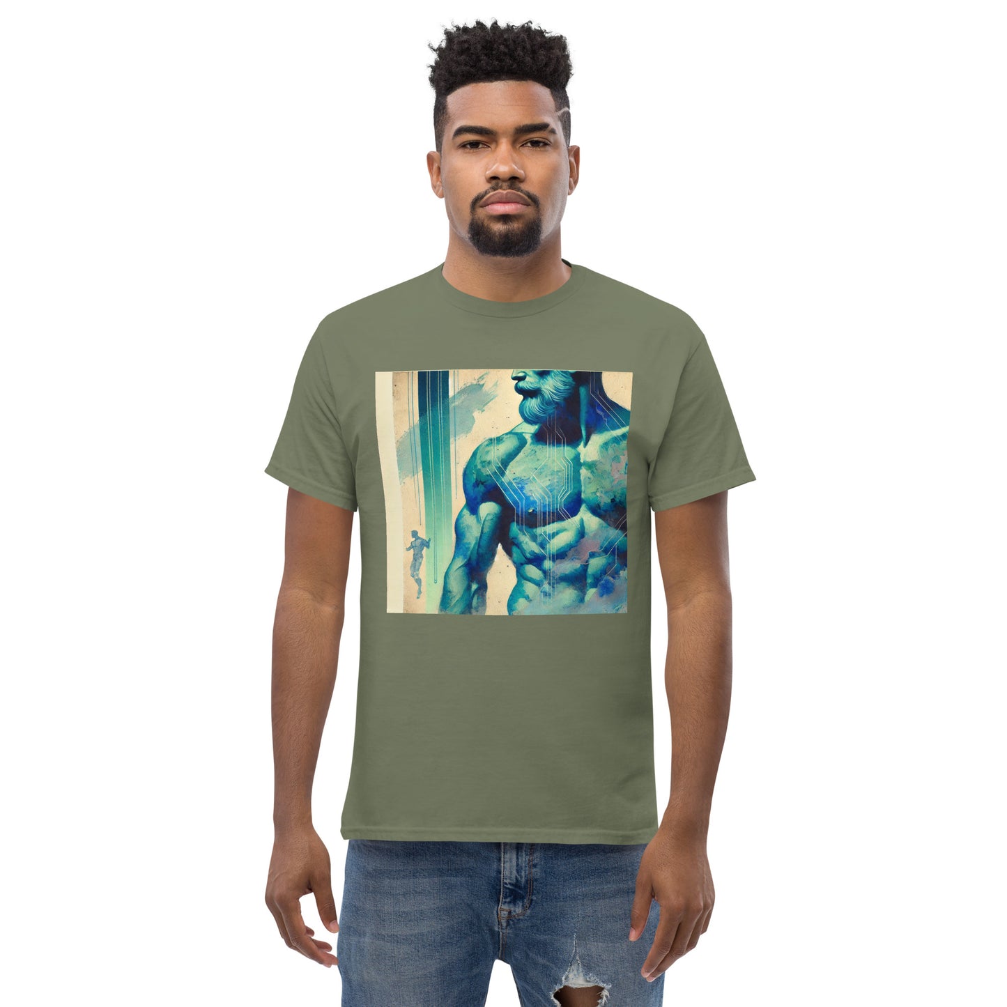 Gay muscular man with. beard rippling bulging muscles. T-shirt in a watercolor design great for dates the gym club wear going out. Super sexy fit. Army green model 2