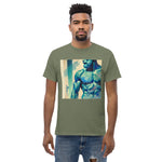 Gay muscular man with. beard rippling bulging muscles. T-shirt in a watercolor design great for dates the gym club wear going out. Super sexy fit. Army green model 2