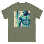 Gay muscular man with. beard rippling bulging muscles. T-shirt in a watercolor design great for dates the gym club wear going out. Super sexy fit. Army green. front